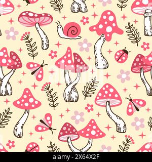 Vektornahtloses Muster von Amanita-Pilzen und Insekten. Verrückte Pilze. Stilisierte Pilze in roten Farben auf gelbem Hintergrund Stock Vektor