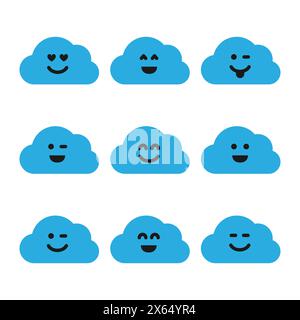 Wolken mit Lächeln. Neun blaue Wolken mit unterschiedlichem Lächeln. Vektorabbildung Stock Vektor