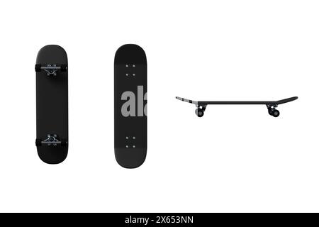 Schwarzes Skateboard isoliert auf weißem Hintergrund mit Ober-, Unterseiten- und Seitenansichten. 3D-Rendering. Stockfoto