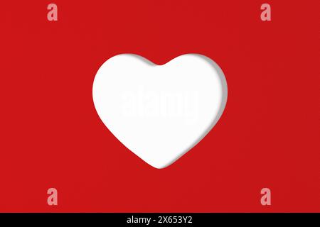 Herzform auf rotem Papierhintergrund ausschneiden. Grußkarte für Liebe, Romantik, Hochzeit, Verlobung oder Valentinstag. 3D-Rendering. Stockfoto