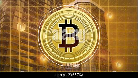 Bild der Datenverarbeitung und Bitcoins über der Stadtlandschaft Stockfoto