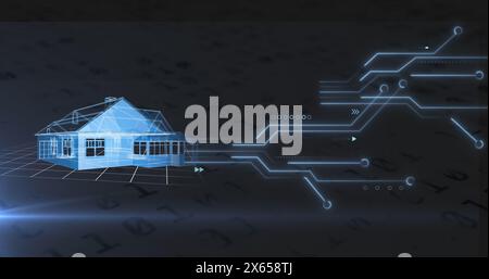 Bild eines Hauses, das sich über der Computerplatine dreht Stockfoto