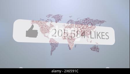 Bild eines gleichartigen Symbols mit steigenden Zahlen über der Weltkarte vor grauem Hintergrund Stockfoto