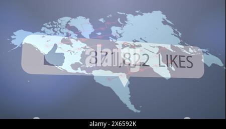 Bild eines gleichartigen Symbols mit steigenden Zahlen über der Weltkarte vor grauem Hintergrund Stockfoto