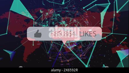 Bild eines gleichartigen Symbols mit steigenden Zahlen über Plexusnetzwerken gegen Weltkarte Stockfoto