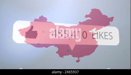 Bild des Like-Symbols mit steigenden Zahlen über der us-Karte vor blauem Hintergrund Stockfoto