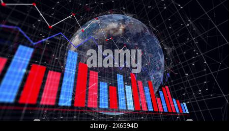 Bild der statistischen Datenverarbeitung und des Netzwerks von Verbindungen über den sich drehenden Globus Stockfoto