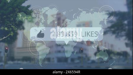 Bild eines gleichartigen Symbols mit steigenden Zahlen über der Weltkarte gegen Zeitraffer des Stadtverkehrs Stockfoto