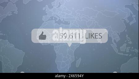 Bild eines gleichartigen Symbols mit steigenden Zahlen über der Weltkarte vor grauem Hintergrund Stockfoto