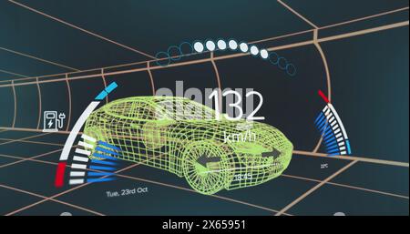 Bild der Tachometerschnittstelle über 3D-Fahrzeugmodell, das sich nahtlos in einem Tunnel bewegt Stockfoto