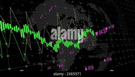 Bild der Datenverarbeitung über dem sich drehenden Globus vor schwarzem Hintergrund Stockfoto