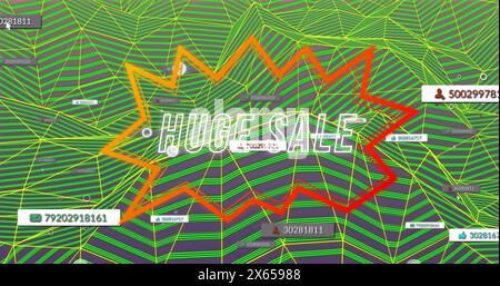 Bild eines riesigen Verkaufstextes über ein Netzwerk von Verbindungen mit Symbolen Stockfoto