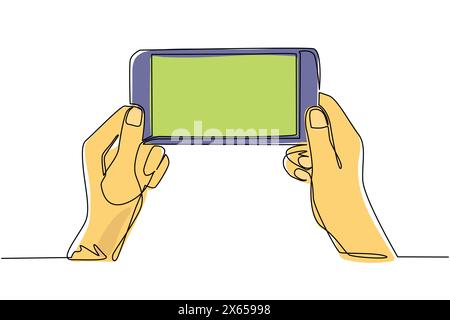 Eine Zeile, die zwei Hände zeichnet und das Telefon und den Touchscreen hält. Mobiles Fußball-Streaming. Mobile Sportspiele. Online-Fußballspiel mit Live Stock Vektor