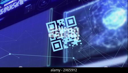 Bild von geschleiften qr-Codes, verknüpften Punkten mit Globus, Computersprache über abstraktem Hintergrund Stockfoto