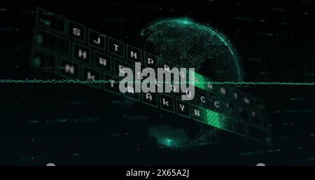 Abbildung von Diagrammen, beweglichem Muster auf der Tastatur, wechselnden Zahlen und Globus auf schwarzem Hintergrund Stockfoto