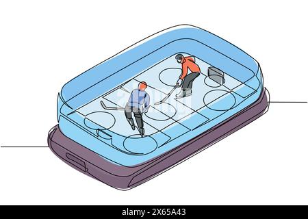 Eine Eishockeybahn mit zwei Spielern auf dem Smartphone-Bildschirm. Mobiles Eishockey. Online-Team-Sport-Spiel-Wettbewerb. Dynamisch o Stock Vektor