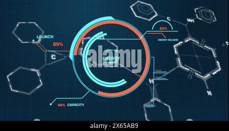 Bild der Datenverarbeitung über chemischer Formel auf schwarzem Hintergrund Stockfoto