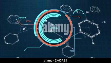 Bild der Datenverarbeitung über chemischer Formel auf schwarzem Hintergrund Stockfoto