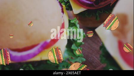 Bild von Hamburger-Ikonen über Hamburgern auf Holzoberfläche Stockfoto