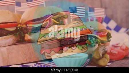 Bild von Burgern über Burgern auf dem Tisch Stockfoto