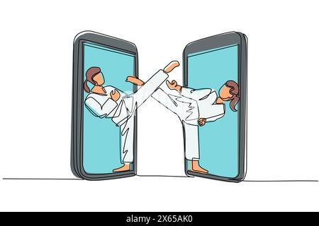 Eine einzige Leitung, die zwei weibliche Karate-Kämpfer zieht, kommt vom Handy, bereit zum Kampf. Professionelle Karatekämpfer stehen und üben Karat Stock Vektor