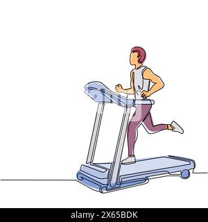 Ein einziger Zeichner, der auf einem motorisierten Laufband läuft. Sportlicher Mann auf elektrischer Trainingsmaschine Cartoon Charakter. Fitnesscenter, Fitnessgerät. Konti Stock Vektor