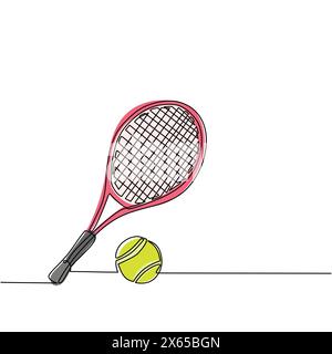 Durchgehende einzeilige Tennisschläger- und Ballausrüstung für Wettkampfspiele. Sporttennis-Turniere und Poster zur Meisterschaft. Gesunde Akti Stock Vektor