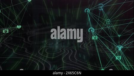 Abbildung: Text, Schild, Schlüsselkreis über App-Symbolen, die mit Linien verbunden sind Stockfoto