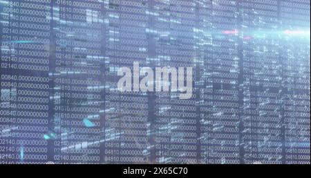 Abbildung eines grafischen Vorhängeschlosses, Kamera- und gps-Symbols im Kreis über wechselnden Binärcodes Stockfoto