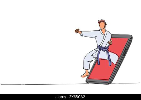 Eine einzelne Linie zeichnet Karateka Mann trainiert mit Punschposition für Duellkämpfe aus dem Smartphone-Bildschirm. Mobile Online-Karate-Spiel-App. Continuo Stock Vektor