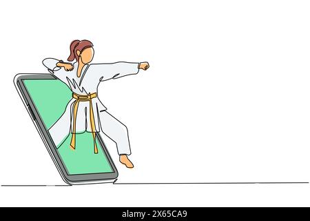 Eine durchgehende, einzeilige Karateka-Frau im Kimono, die Karatepunch übt und aus dem Smartphone-Bildschirm steigt. Mobile Sportarten spielen Spiele. Online-kara Stock Vektor