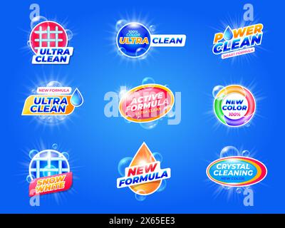 Etikett für Waschmittel. Wasch-Pulver-Emblem-Paket mit Blasen, Seife und Fleckenentferner, Waschpflegemittel mit antibakterieller Formel. Vektor Stock Vektor