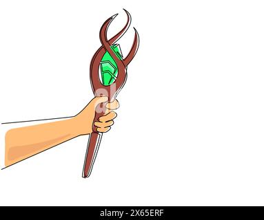 Einzelne, durchgehende Linienzeichnung Hand mit magischem Stab von Zauberer, Magier, Hexer, Schamane. Zeichentrickgrafik-Illustration der legendären Waffe für fantas Stock Vektor