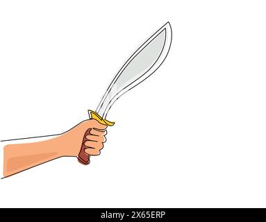 Einfache, durchgehende Linienzeichnung, Handgriff, Machetenmesser mit gebogener Klinge. Machete Landwirtschaftsinstrument oder Waffensymbol. Dynamisch Stock Vektor