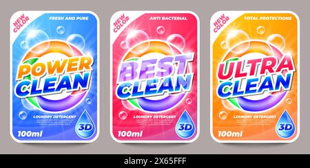 Aufkleber für Waschmittel. Etiketten für Waschpulver und Seife, Flüssigreiniger und Fleckenentferner, Wasch- und Reinigungsmittel. Vektorsatz Stock Vektor