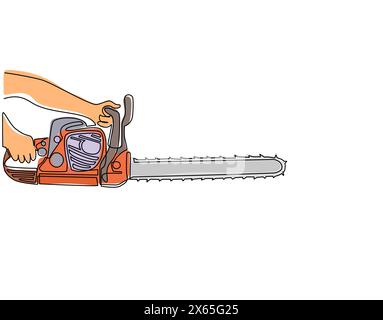 Eine einzeilige, handgehaltene Kettensäge. Arbeitsausrüstung für starke Menschen. Professionelle Maschine. Holzheber-Werkzeug. Holzschneider-Säge. Holzvorderseite Stock Vektor