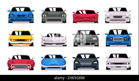Stadtwagen vorn. Frontansicht eines modernen Limousine-Fahrzeugs, Symbol für Autoteile vorn, verschiedene flache Cartoon-Taxikabine. Vektor-isolierter Satz Stock Vektor