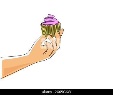Durchgehende, einzeilige Zeichnung, die Cupcake mit der Hand hält. Geburtstagskuchen auf der Party. Festtagskonzept. Überraschung und Freude mit süßer Schlagsahne Stock Vektor