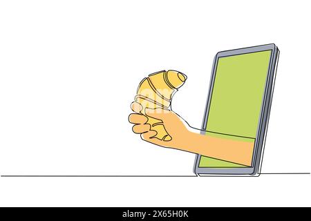 Einzelne durchgehende Linie, die menschliche Hand zieht, die frisch gebackenes Croissant über das Mobiltelefon hält. Konzept der Lieferung von Online-Speisen im Restaurant. Anwendung Stock Vektor