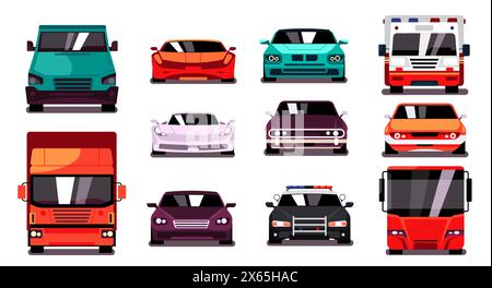 Stadtauto vorne. Vorderansicht von Limousine, Transporter, Lkw und Lastkraftwagen, flacher Stadtverkehr. Vektorlogistik und Lieferdienstkonzept Stock Vektor