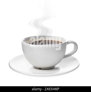 Dampf von Kaffee in einer Tasse isoliert auf weiß Stockfoto