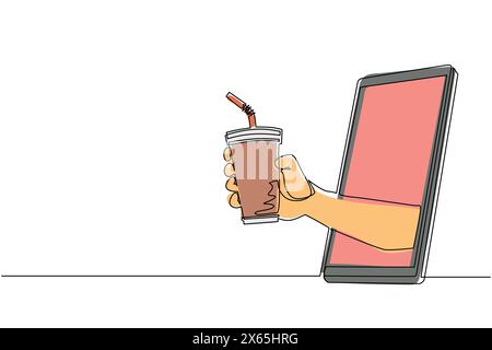 Einfache, durchgehende Zeilenzeichnung, Hand, die Papierbecher mit Strohhalm durch das Mobiltelefon hält. Konzept der Bestellung von Kaffeegetränken Online-Speisen. Anwendung f Stock Vektor