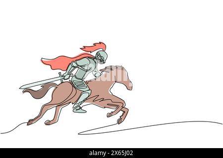Eine einzige Linie, die mittelalterliche Ritterpferd - Pferdesoldat mit Schwert und Schild zeichnet. Ritter zu Pferd. Mittelalterliches Heraldik-Symbol. Fortlaufend Stock Vektor