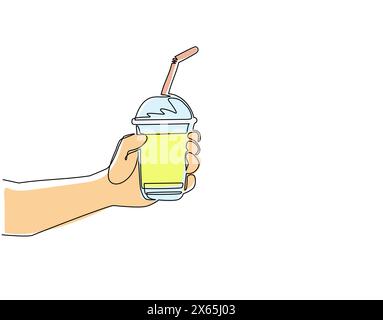 Durchgehende, einzeilige Zeichnung, die Hand hält, in der die Bubble Teetasse gehalten wird Boba-Tee, süßes taiwanesisches Getränk beliebt in Asien. Flache Zeichentrickserie, Elemente sind isoliert. S Stock Vektor
