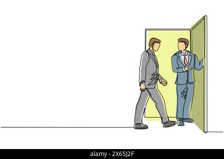 Ein einziger durchgehender Zeichnungs-Geschäftsmann an der Tür begrüßt seinen Freund. Der Mann lädt seinen Freund ein, in sein Haus zu kommen. Hospitality-Konzept. Stock Vektor