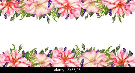 Schönes Banner mit rosa Hagebuttenblüten und Blättern. Hagebutte in Aquarellfarben. Ein Aquarellzweig aus Blättern, Blumen, eine handgezeichnete Blumenillustration auf einem Stockfoto