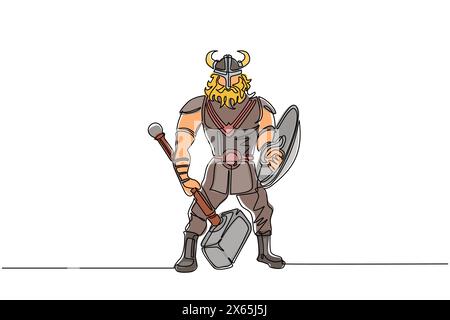 Eine einzige Linie, die den Krieger wikinger in einem gehörnten Helm mit Hammer und Schild zeichnet. Comicfigur männlich mit Waffe in kriegerischer Pose Stock Vektor