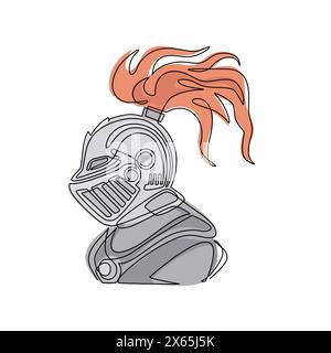 Eine einzige Linie, die mittelalterlichen Kriegerritter in Helm zeichnet. Logo, Emblem, Symbol. Mittelalterlicher Kriegerritter im Rüstungshelm mit Visier und Gefieder, Herald Stock Vektor