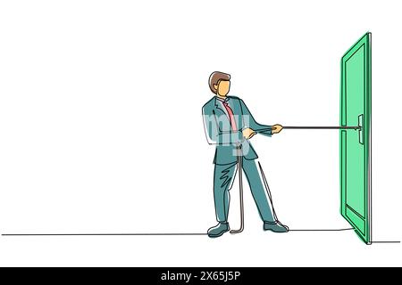 Ein einzelner, durchgehender Zeichner Geschäftsmann, der Seil zieht, um Tür zu schleppen, Metapher für großes Problem. Geschäftliche Probleme. Stärke für Erfolg. Dynami Stock Vektor