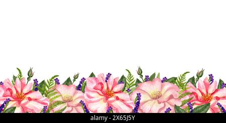 Schönes Banner mit rosa Hagebuttenblüten und Blättern. Hagebutte in Aquarellfarben. Ein Aquarellzweig aus Blättern, Blumen, eine handgezeichnete Blumenillustration auf einem Stockfoto